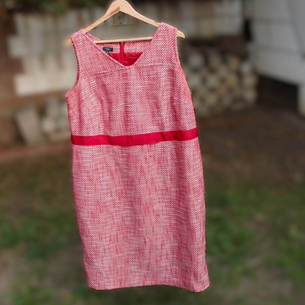 Talbots Tweed Sheath Red and White Belt Bow Dress 14W